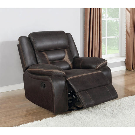 Brown Upholstered Swivel Glider Recliner With Pillow Top Arms - Omega Lifestyles