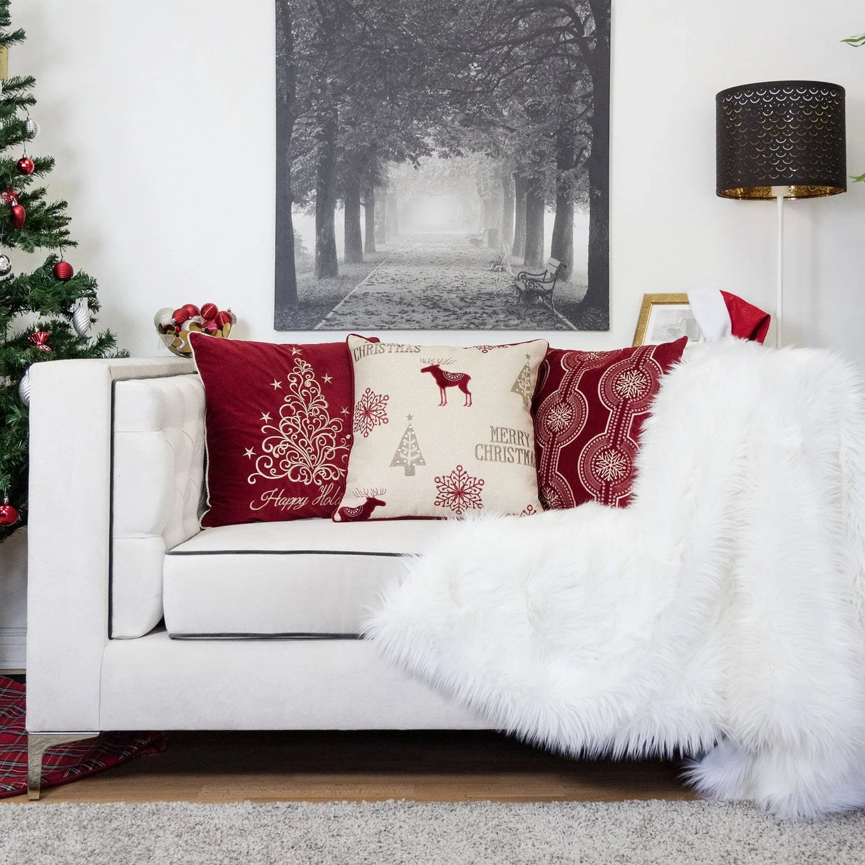 Merry Christmas Embroidered Poly Linen Throw Pillow 20x20-Inch - Omega Lifestyles