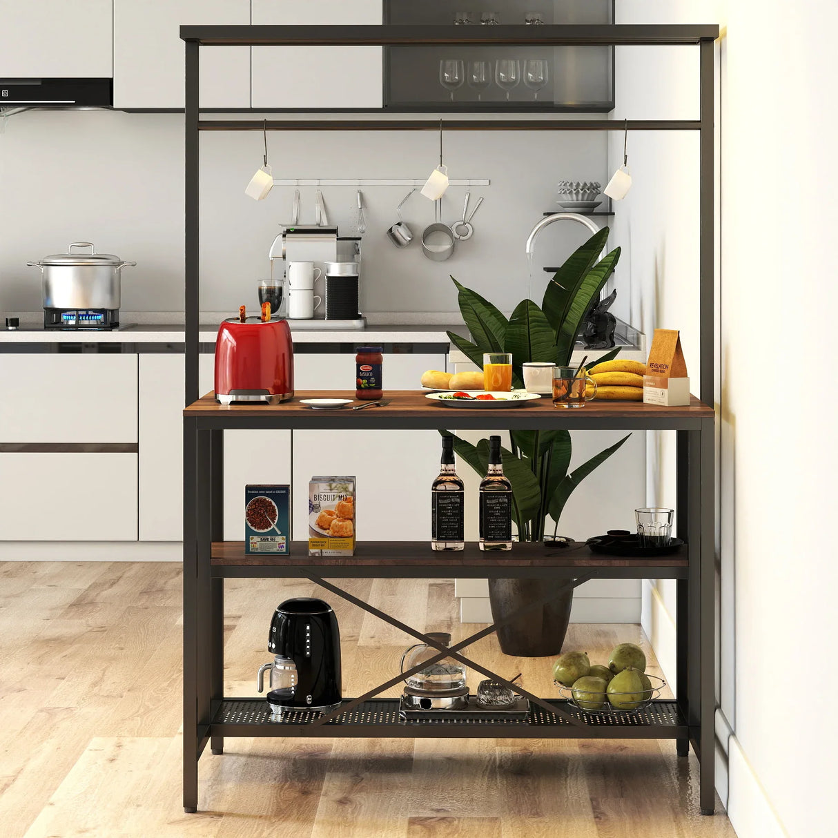 Kitchen Island Table With 3 Tier Storage And Hooks - Omega Lifestyles