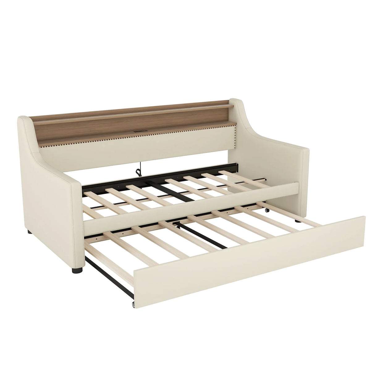 Twin PU Leather Daybed With Trundle Charging Station LED Light - Omega Lifestyles