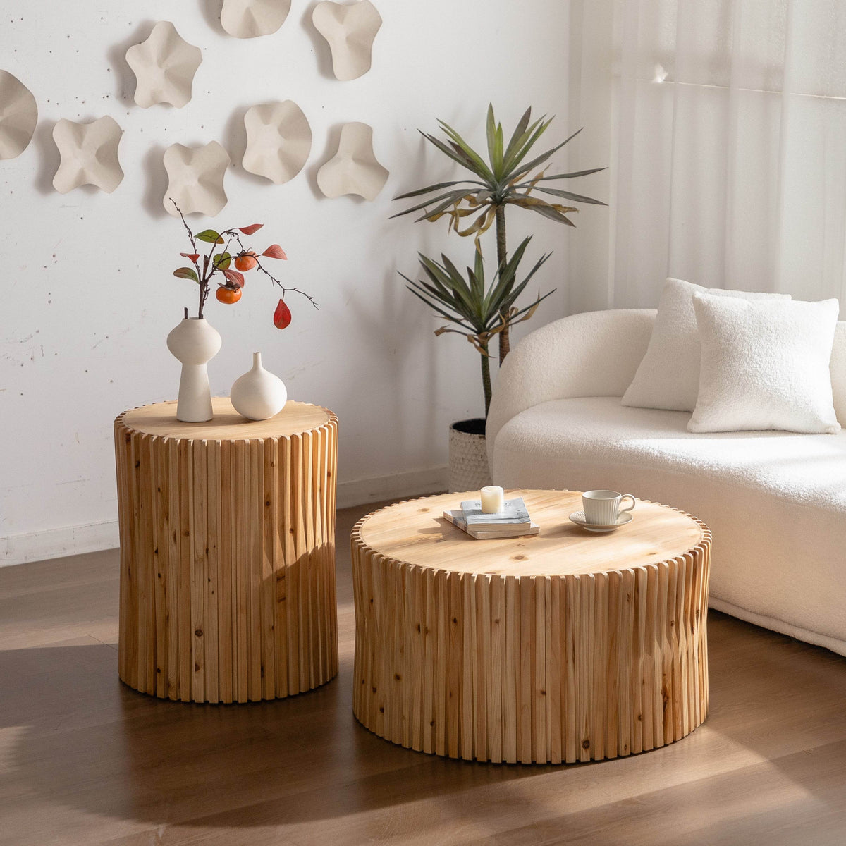Set of 2 Natural MDF Fir Round Coffee Tables - Omega Lifestyles