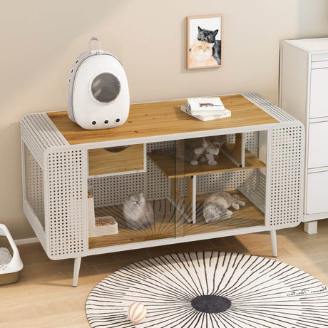 Spacious Fir Wood Iron Frame Tempered Glass Cat House - Sleep Galleria