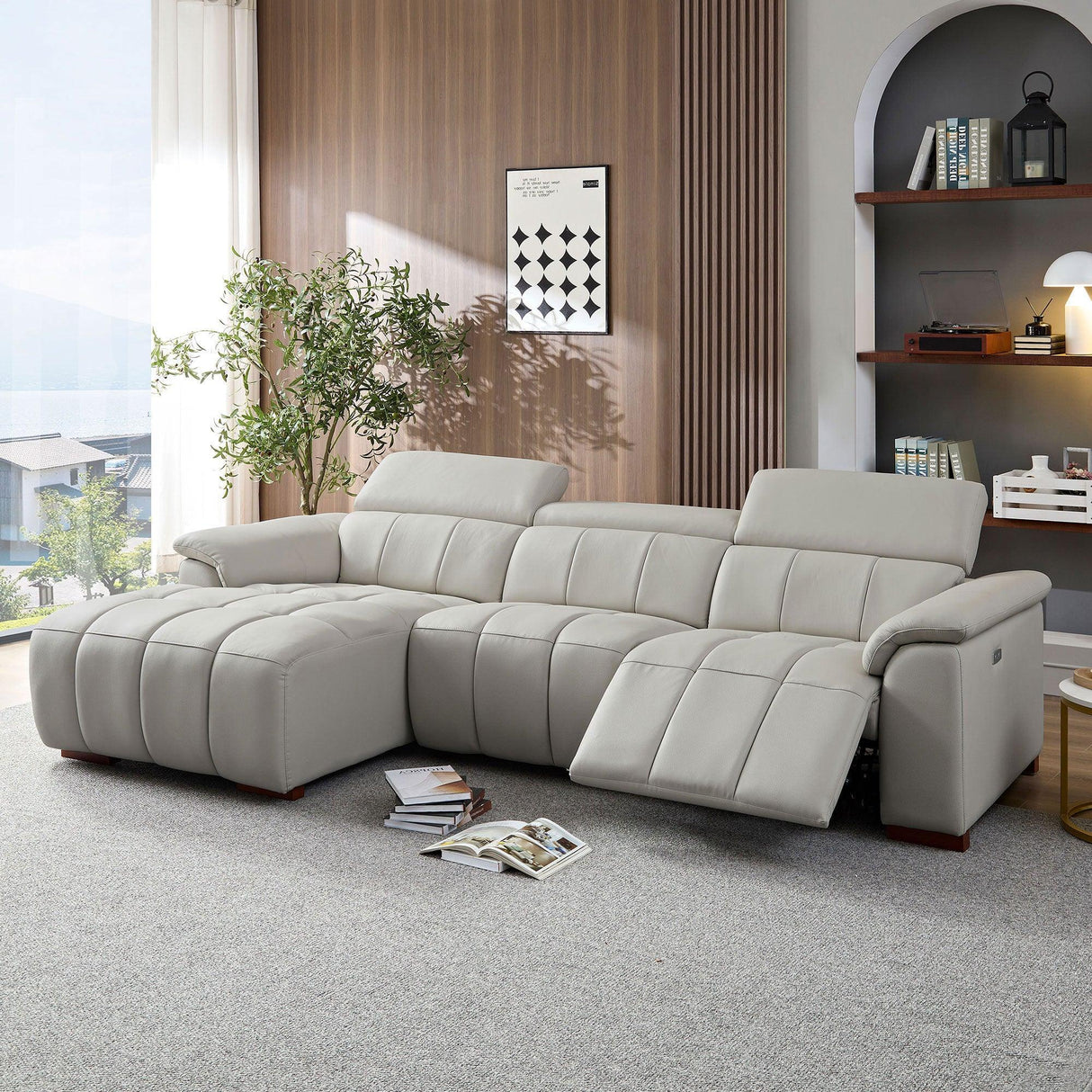 Electric Control Genuine Leather Wall Hugger Reclining L Chaise Sofa - Omega Lifestyles