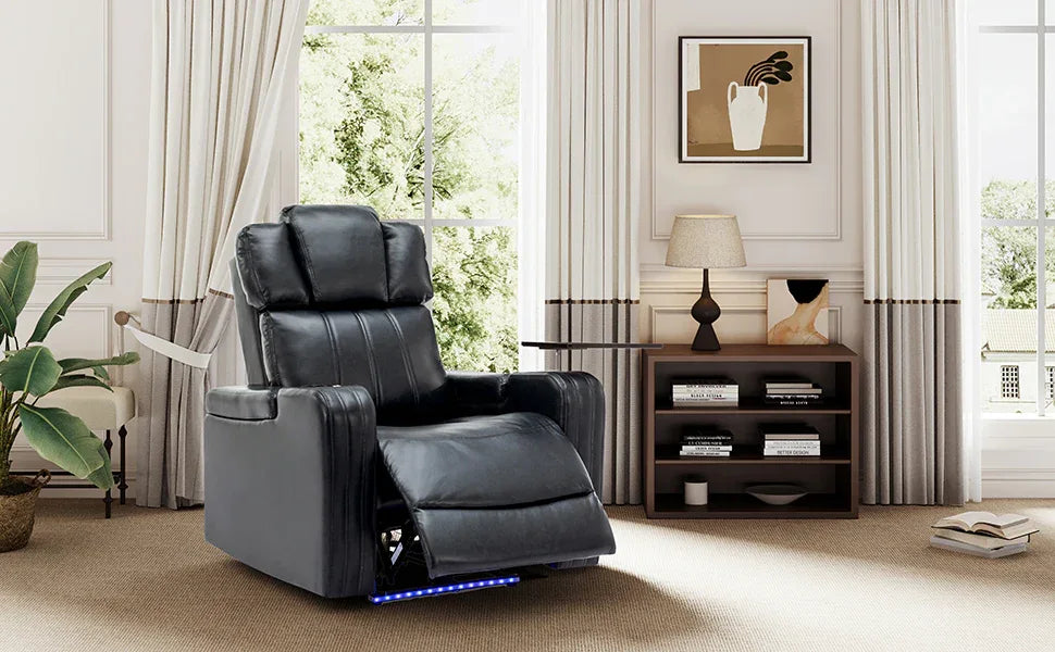 Blue PU Leather Power Recliner Chair With Cooling Cup Holder - Omega Lifestyles