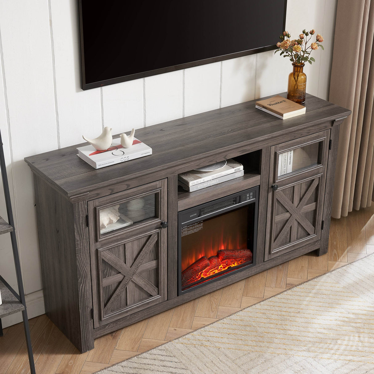 Farmhouse Fireplace TV Stand Console Cabinet Gray - Sleep Galleria