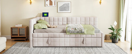 Full Upholstered L-Shaped Daybed With Twin Trundle and USB Ports - Omega Lifestyles