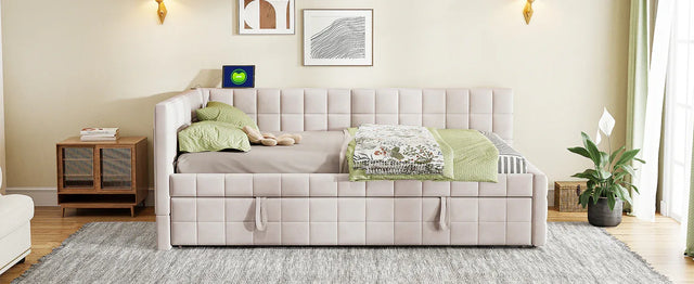 Full Upholstered L-Shaped Daybed With Twin Trundle and USB Ports - Omega Lifestyles