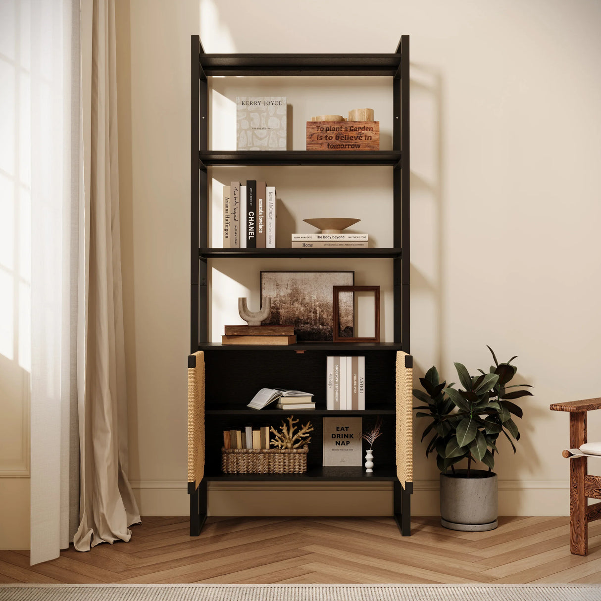Natural Rattan Storage Cabinet Bookshelf With Doors - Omega Lifestyles