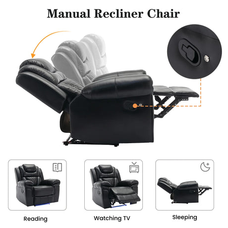 Manual Recliner Chair Faux Leather With Storage Cup Holders LED - Omega Lifestyles