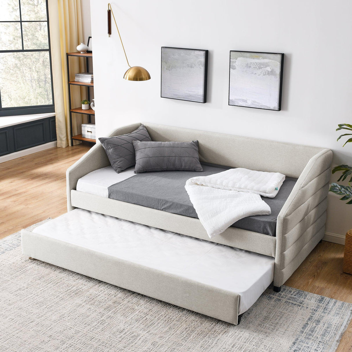 Twin Upholstered Linen Daybed With Pull-Out Trundle - Omega Lifestyles