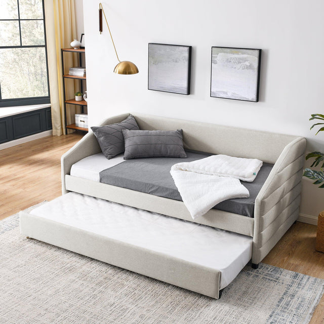 Twin Upholstered Linen Daybed With Pull-Out Trundle - Omega Lifestyles