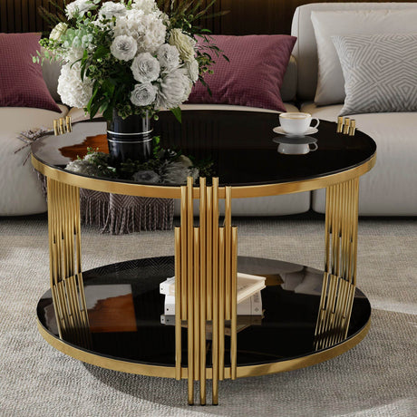 Modern Black Mirror Round Coffee Table With Shelf - Sleep Galleria