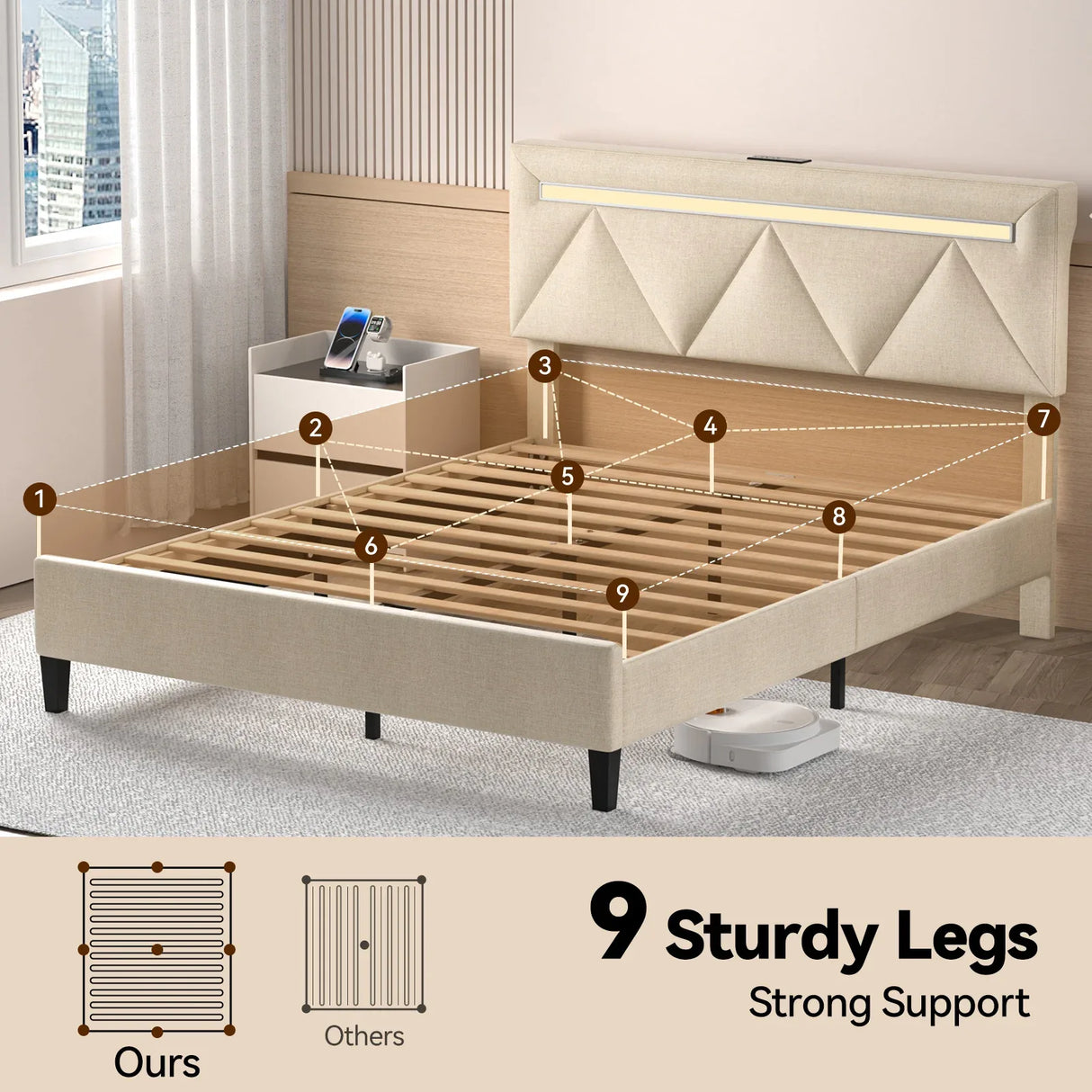 Full Full-Size Faux Leather Bed Frame With Charging Station - Omega Lifestyles