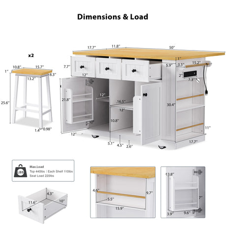 53-Inch Mobile Kitchen Island Set With Storage Drawers - Omega Lifestyles
