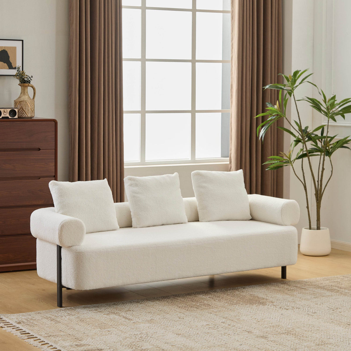 Modern 3-Seater Beige Boucle Upholstered Sofa With Pillows - Omega Lifestyles