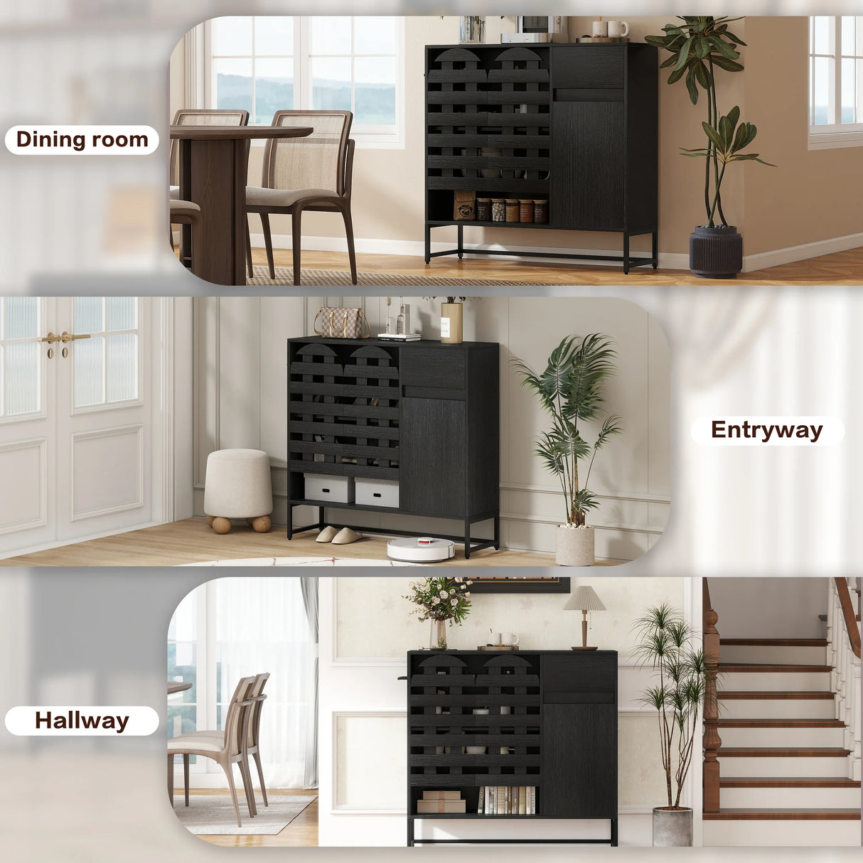 Black Woven Door Buffet Cabinet With Adjustable Storage - Omega Lifestyles