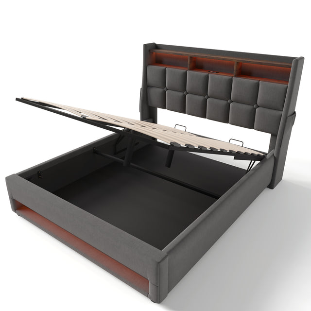 Queen Grey Upholstered Platform Bed With LED Lighting USB Charging