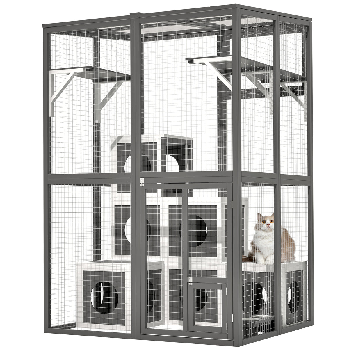 Outdoor Wooden Grey Cat Catio With Jumping Platforms