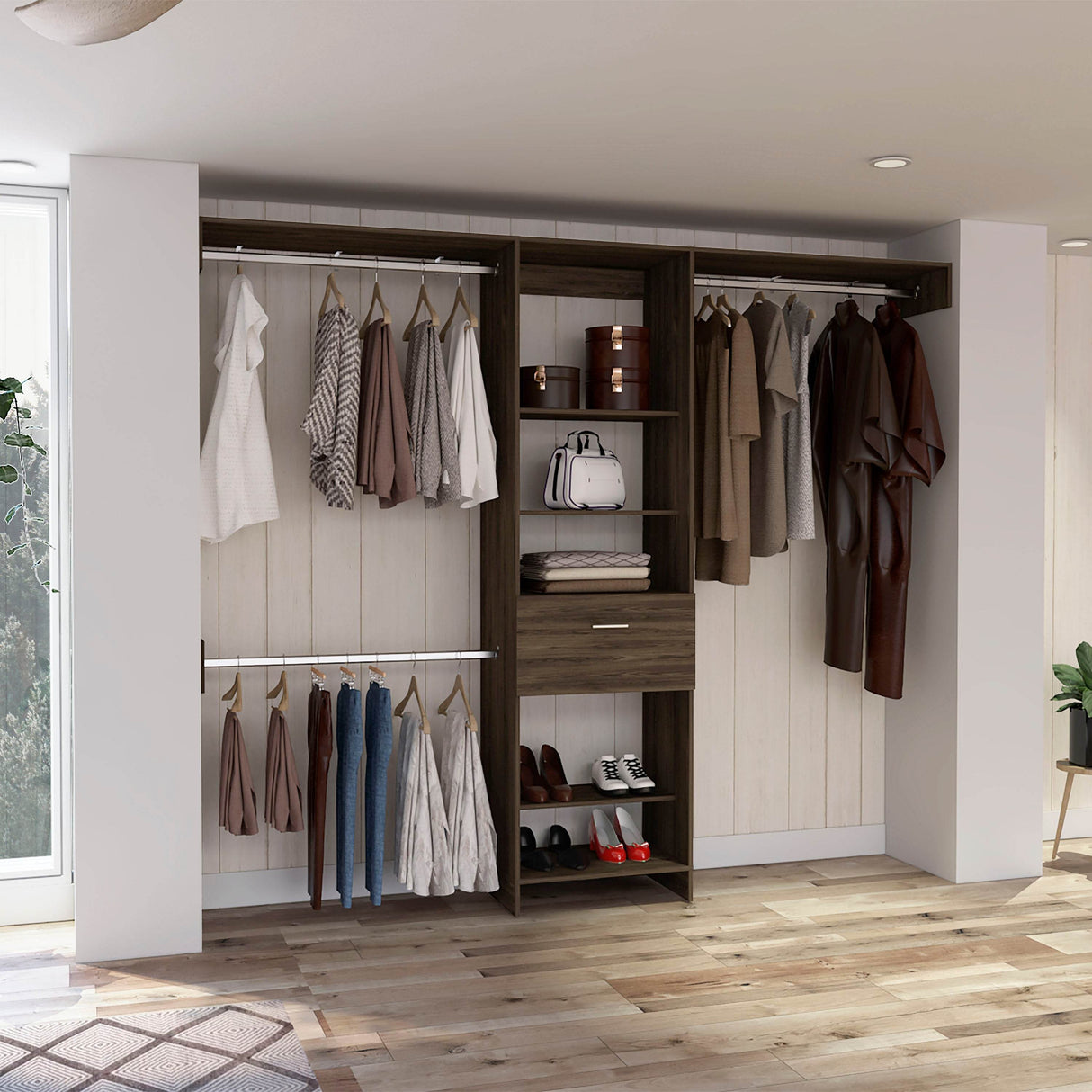 Modern Bedroom Cross Closet System With Drawer and Shelves