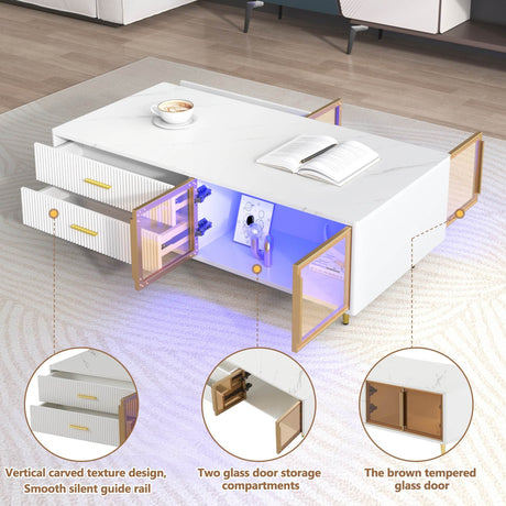 Modern White MDF Coffee Table With Storage Drawers And Lighting - Sleep Galleria