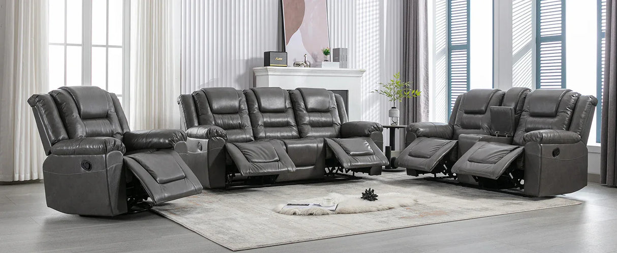 Grey Manual PU Upholstered Home Theater Recliner Chair Set - Omega Lifestyles