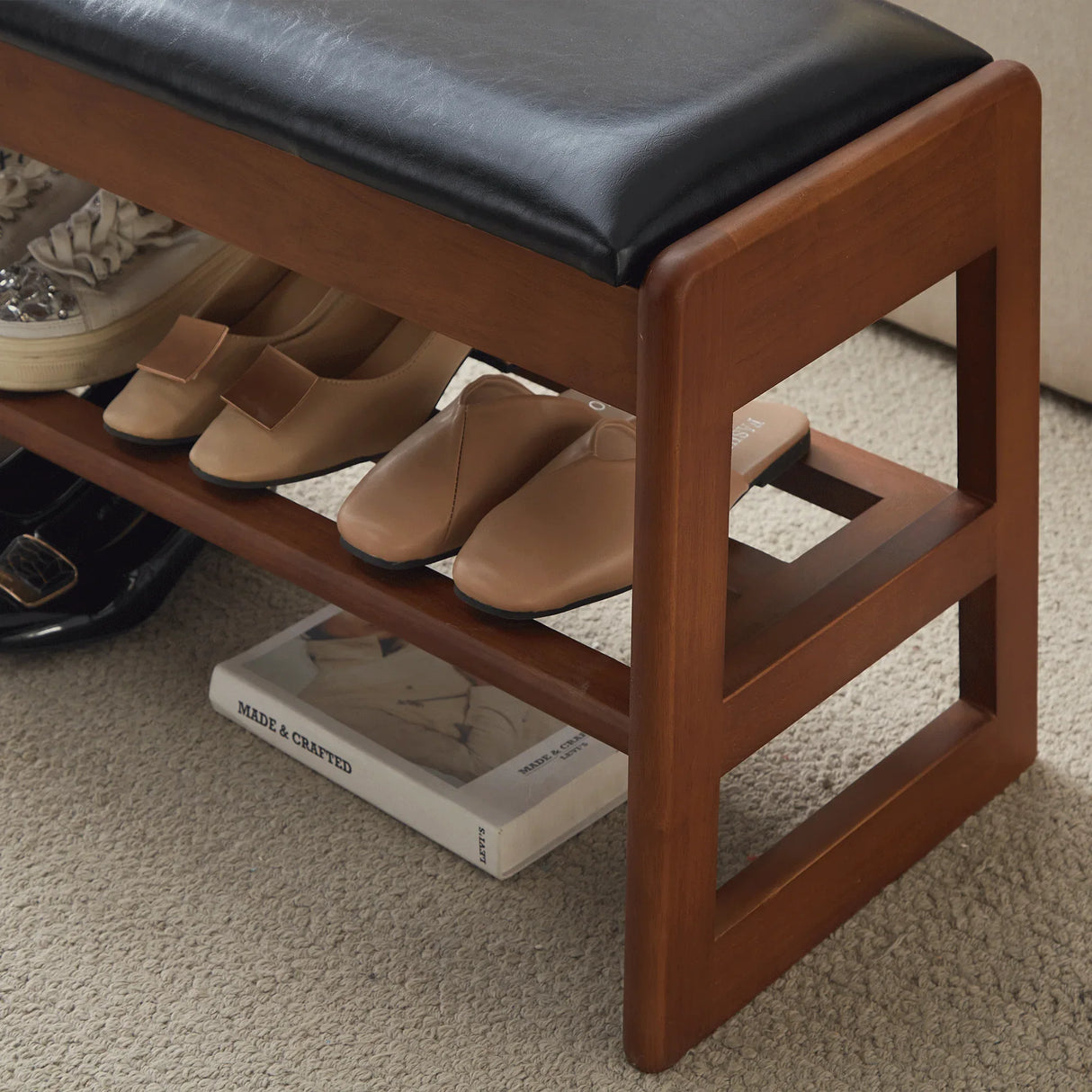 Walnut Rubber Wood Shoe Stool With Flip-Top Storage Bench - Omega Lifestyles