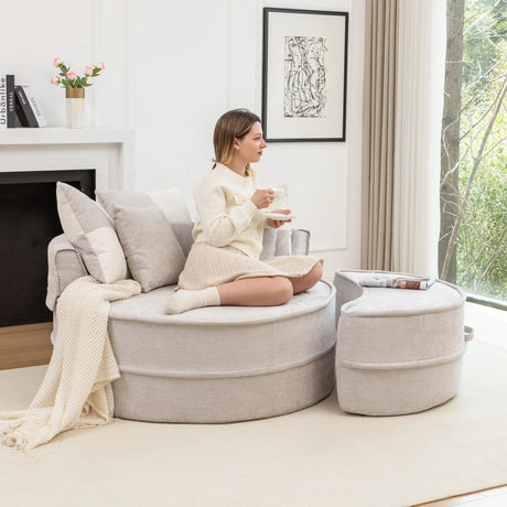 Modern Gray Chenille Barrel Accent Chair With Ottoman - Omega Lifestyles