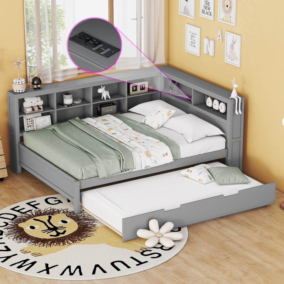 Full Size Wooden Daybed With Trundle USB Charging Station - Omega Lifestyles