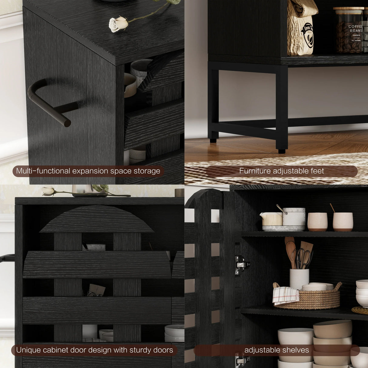 Black Woven Door Buffet Cabinet With Adjustable Storage - Omega Lifestyles
