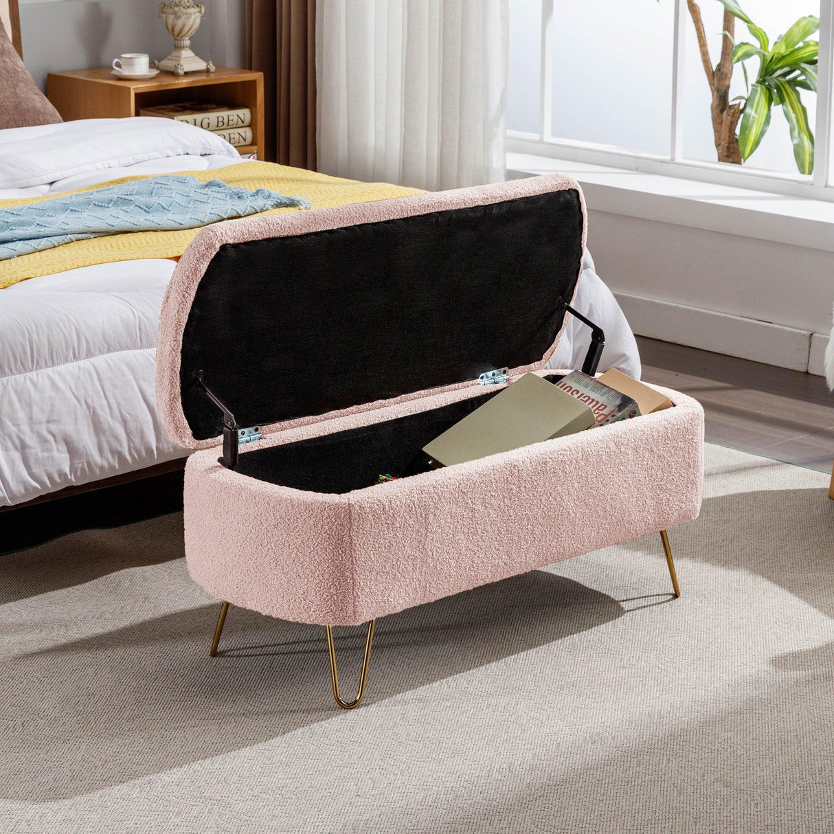 Pink Faux Fur Upholstered Storage Bench With Gold Legs - Omega Lifestyles