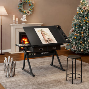 Adjustable Tilting Drawing Desk With Storage Drawers And Stool - Omega Lifestyles