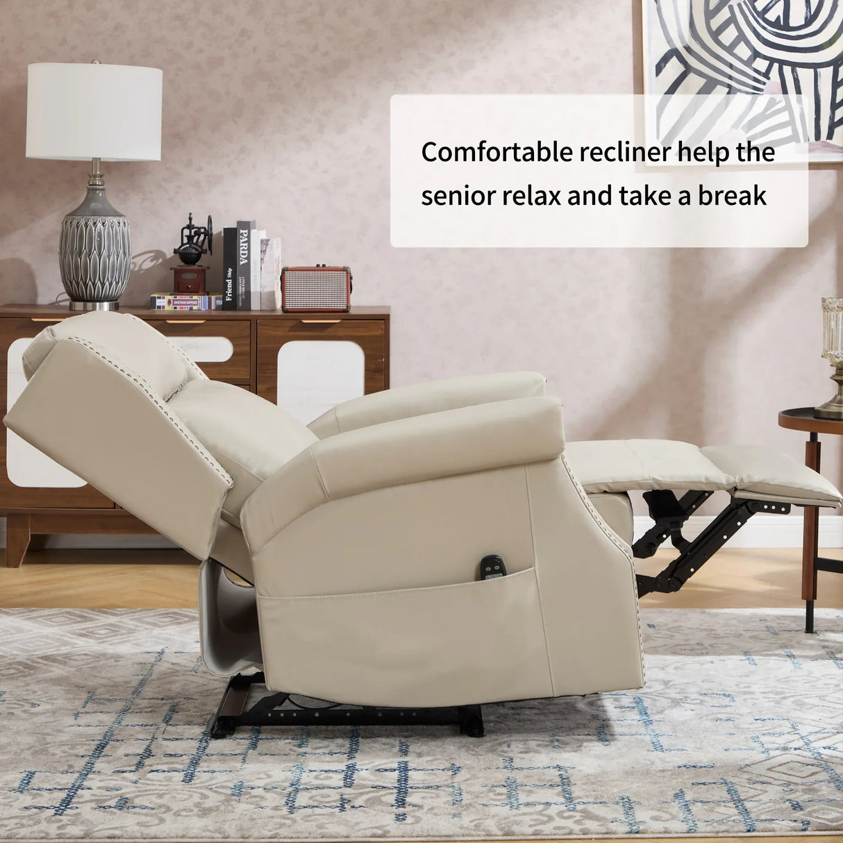Beige Faux Leather Manual Recliner Chair With Massage - Omega Lifestyles