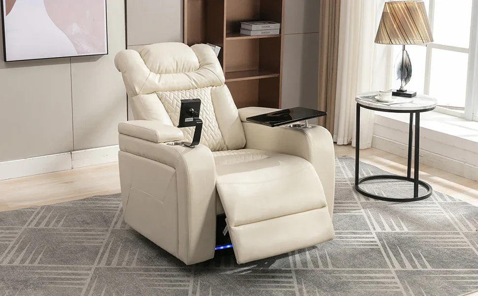Power PU Leather Recliner Chair With Tray Table USB Port - Omega Lifestyles