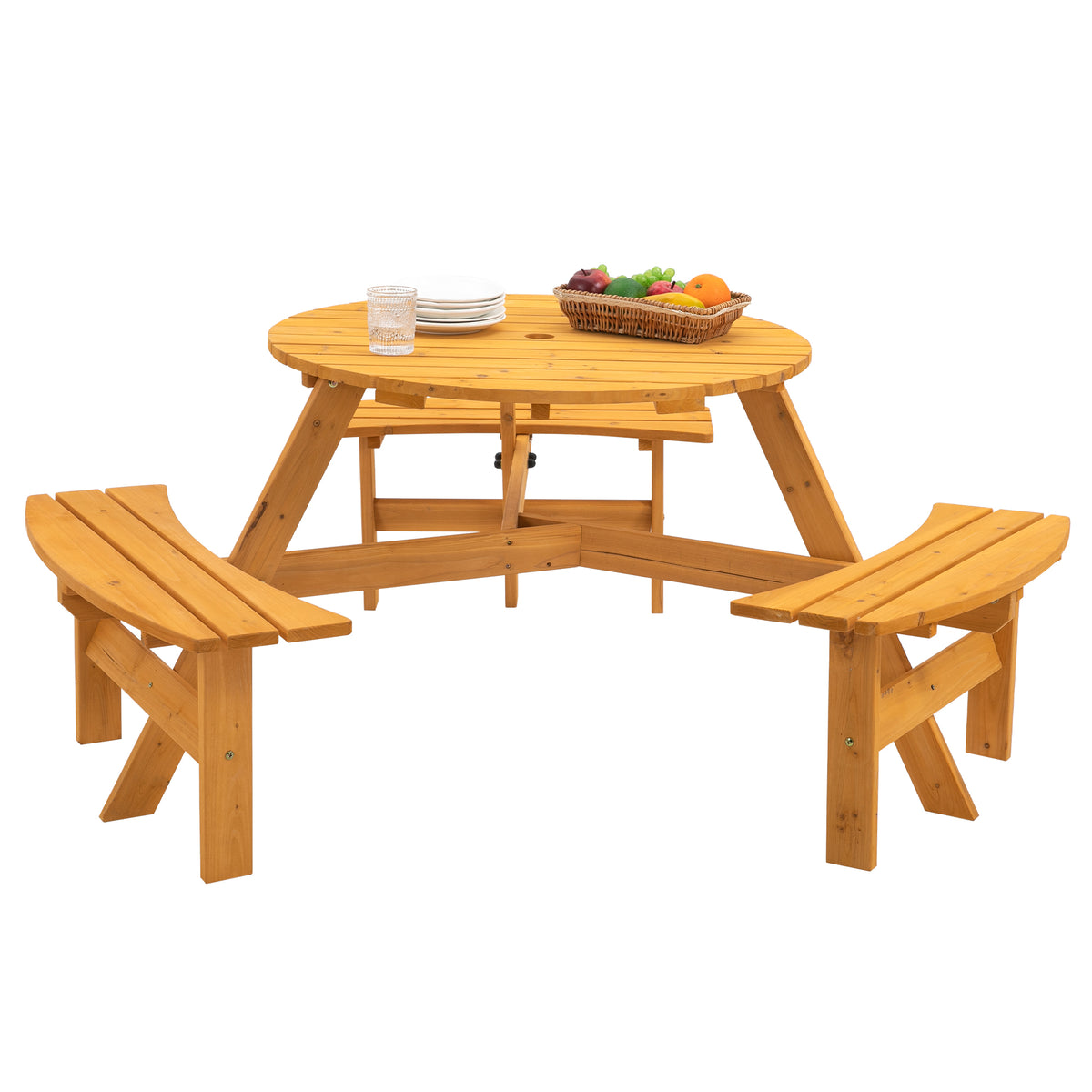 6-Person Solid Fir Wood Outdoor Round Picnic Table