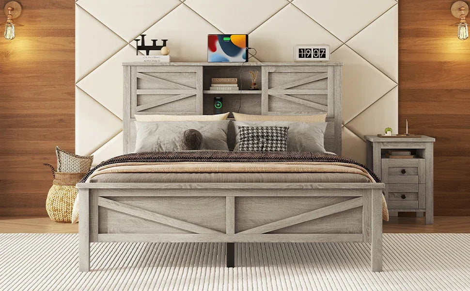 Queen Antique Gray Platform Bed With Sliding Barn Door Storage - Omega Lifestyles
