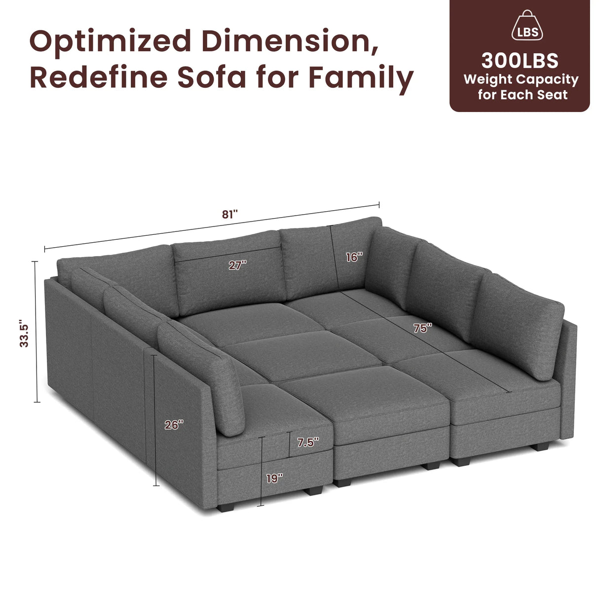 Modern 9-Seater Modular Armless Memory Foam Sofa - Omega Lifestyles