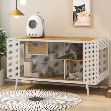 Spacious Fir Wood Iron Frame Tempered Glass Cat House - Sleep Galleria