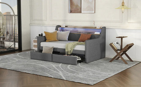 Twin Linen Upholstered Daybed With Storage Drawers Charging Station - Omega Lifestyles