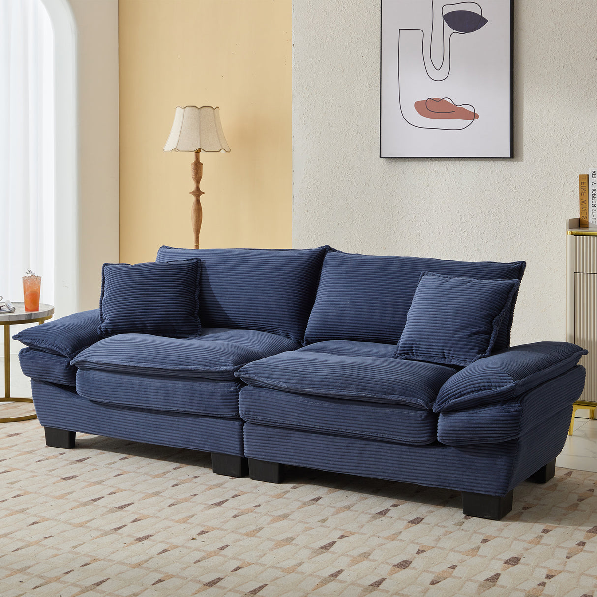 Blue Corduroy Upholstered Loveseat Sofa With Pillows