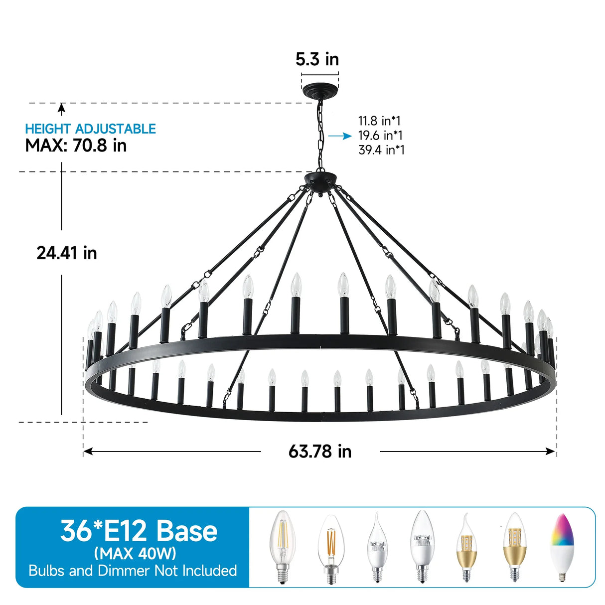 Farmhouse Matte Black Wagon Wheel Chandelier 36-Light 64-Inch - Omega Lifestyles