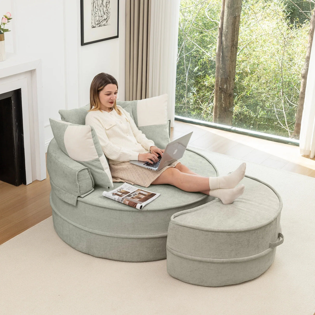 Modern Chenille Upholstered Barrel Accent Chair With Ottoman - Omega Lifestyles