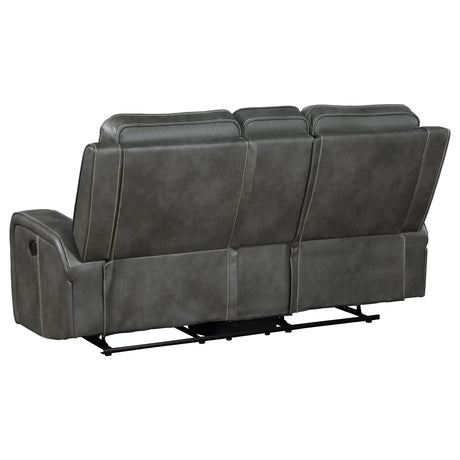 Grey Upholstered Manual Reclining Loveseat With Console - Omega Lifestyles