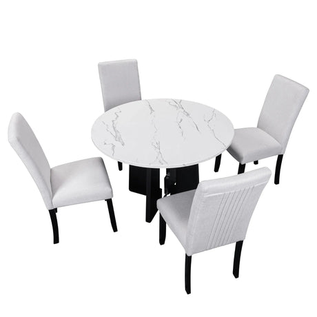 5-Piece Round Solid Wood Dining Table Set With Upholstered Chairs - Omega Lifestyles