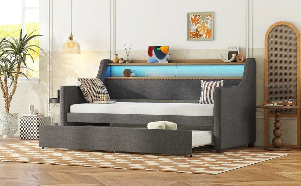 Twin Linen Upholstered Daybed With Trundle Charging Station - Omega Lifestyles
