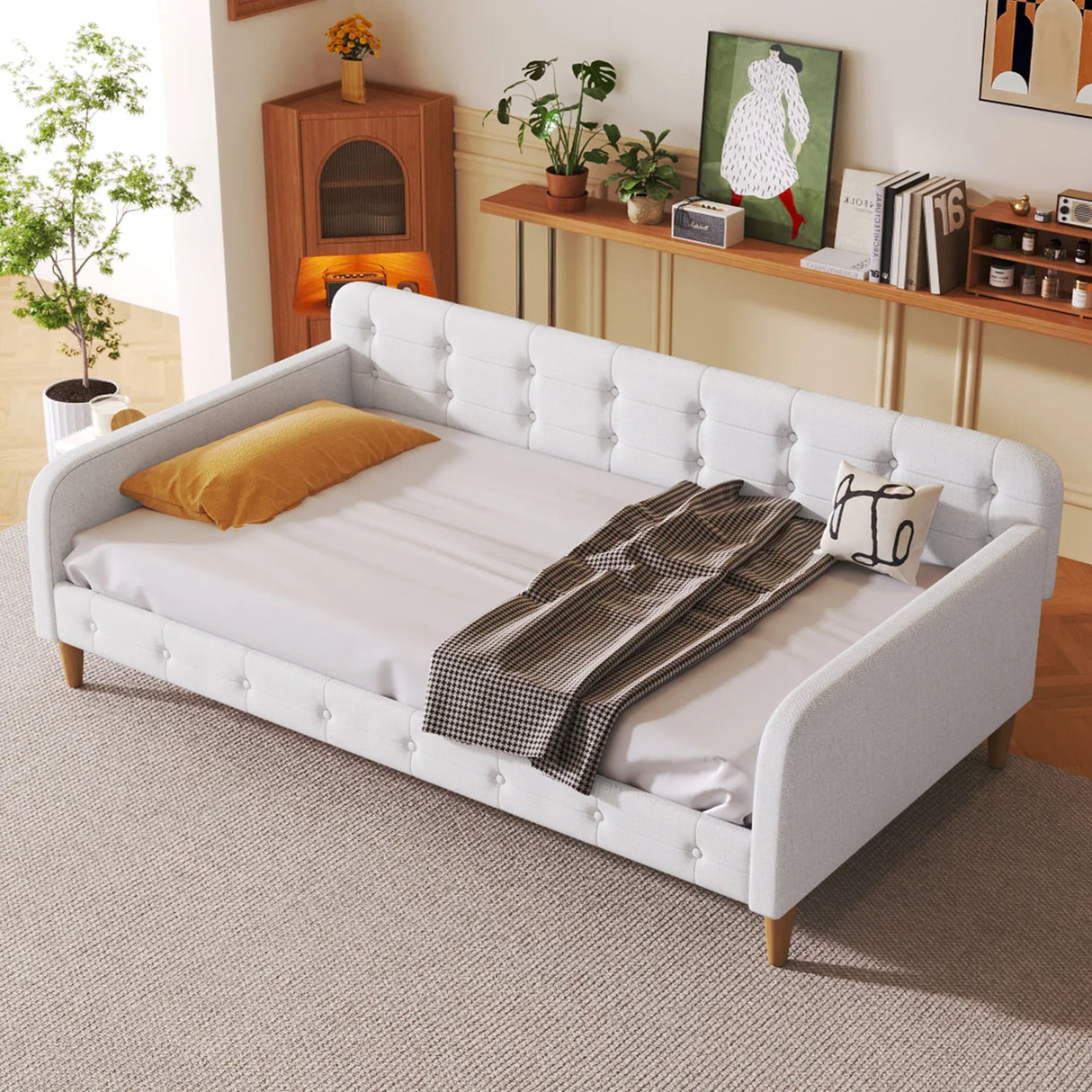 Twin Upholstered Linen Fabric Daybed With Wood Frame - Omega Lifestyles