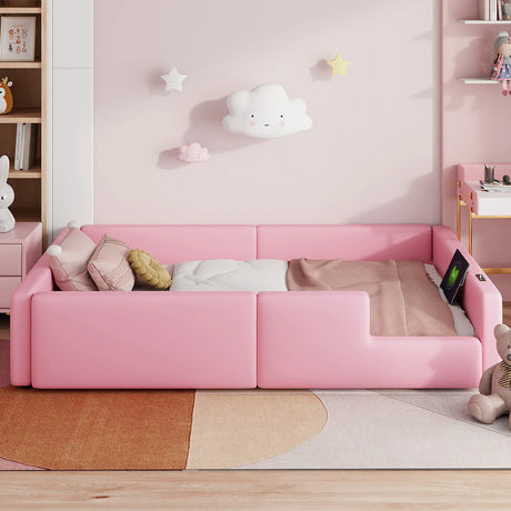 Twin Pink Upholstered Platform Bed With Guardrail Charging Station - Omega Lifestyles