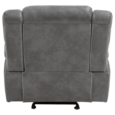 Grey Upholstered Faux Leather Padded Arm Glider Recliner - Omega Lifestyles