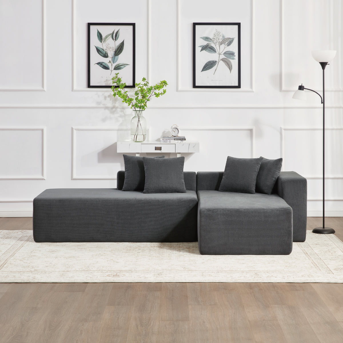 Dark Grey L-Shaped Modular Sofa Bed With Corduroy Upholstery