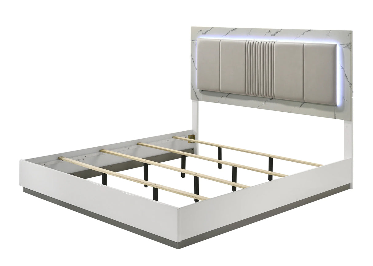 Modern White Lacquer Wood King Bed Frame With LED Lighting - Omega Lifestyles