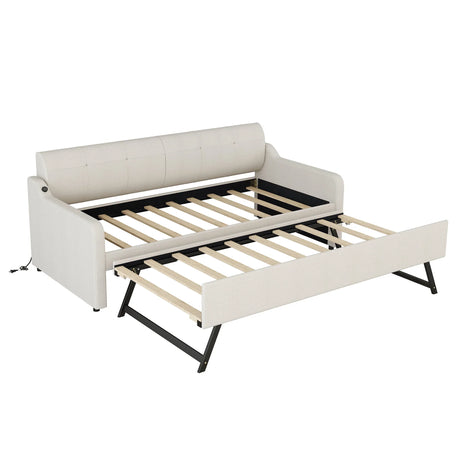 Twin Beige Upholstered Daybed With Trundle And USB Charging - Omega Lifestyles